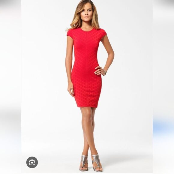 CACHE Elegant Fire Red Chevron Dress Size L - Picture 2 of 16